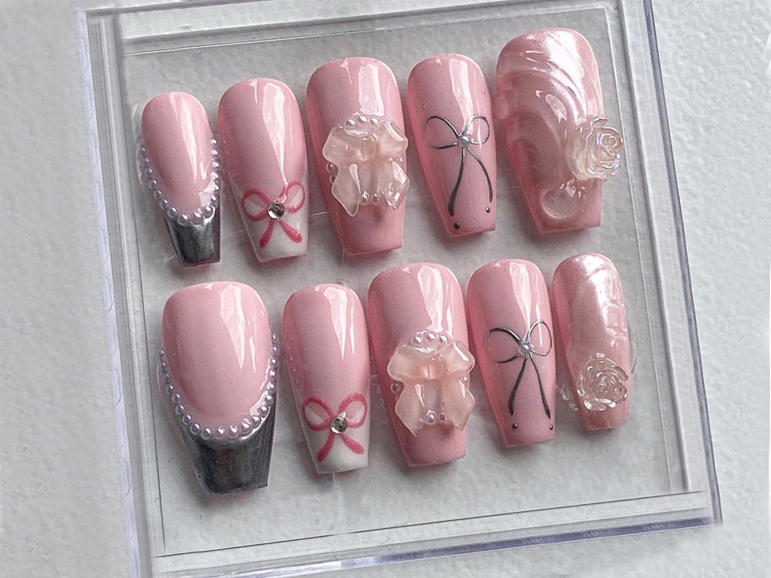 Pale Pink Press On Nails with Shimmering Pearl